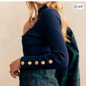Sezane Navy Sweater with Gold Buttons